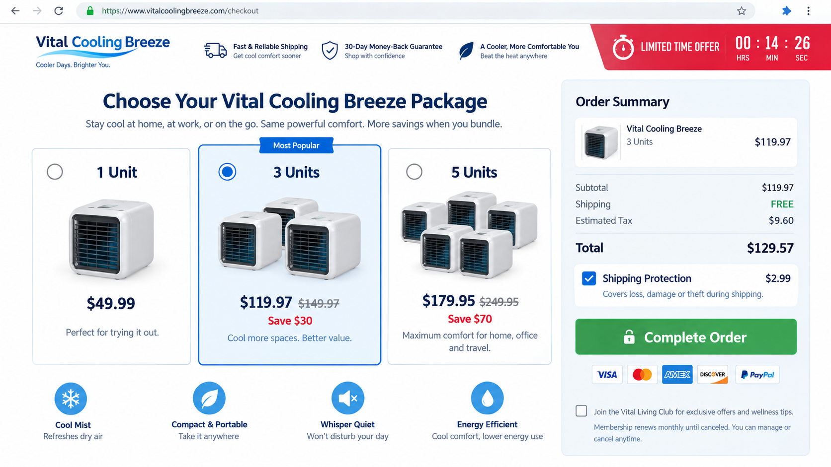 Vital Cooling Breeze checkout with multiple-unit bundles, shipping protection, and membership terms
