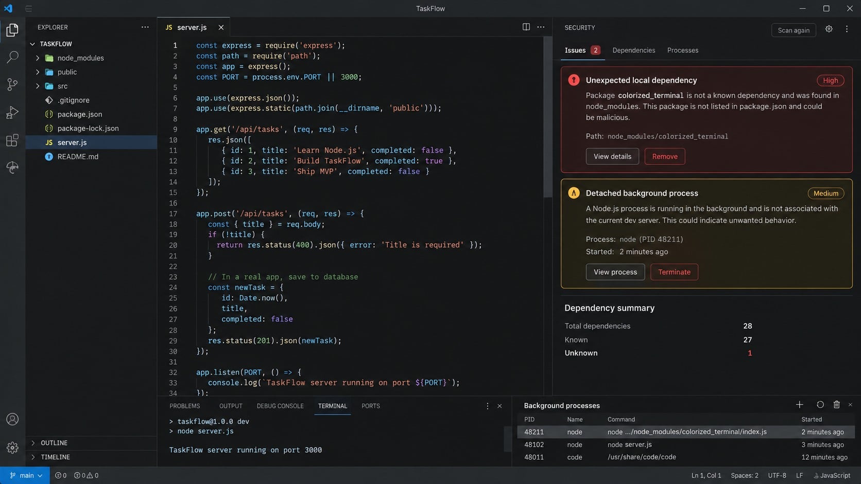 Security audit flagging a malicious local package in a Node.js coding challenge
