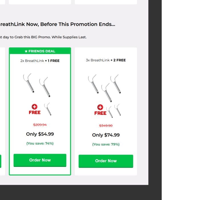 Noluva BreathLink Review: Quit-Smoking Claims and Refund Risks Exposed 1 Current BreathLink sales page showing multi-unit quit-smoking necklace offers and steep bundle discounts