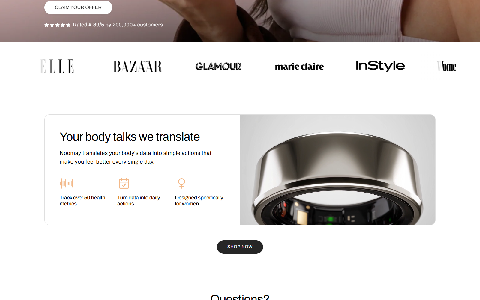 Noomay Smart Ring Reviews: Claims and Risks Checked 1 Noomay Smart Ring page claiming more than 50 tracked health metrics
