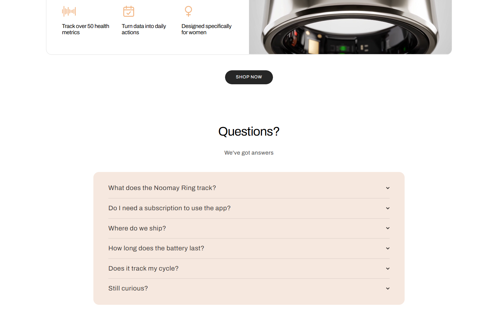 Noomay Smart Ring Reviews: Claims and Risks Checked 2 Noomay FAQ listing health tracking, app subscription, shipping, battery, and cycle questions