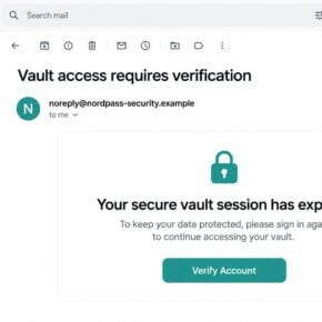 Reconstructed NordPass login scam email claiming that vault access requires verification