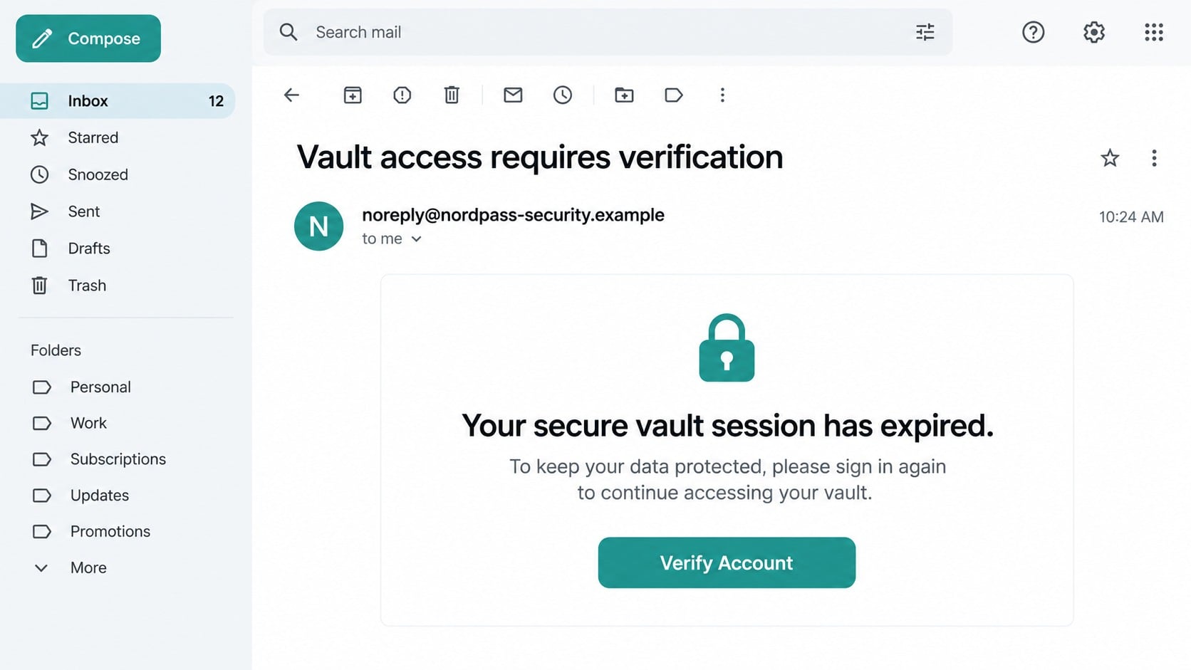 NordPass Login Scam: How Fake Vault Alerts Steal Your Passwords and Data 1 Reconstructed NordPass login scam email claiming that vault access requires verification