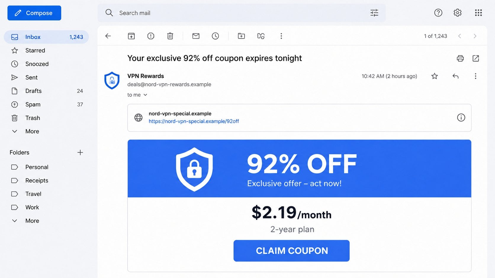 NordVPN Coupon Code Scam: How Fake Discounts Put Your Card Details at Risk 1 Reconstructed NordVPN coupon scam email advertising an unrealistic discount