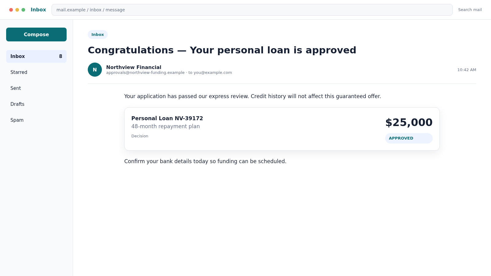 Reconstructed Northview Financial loan approval email promising guaranteed funding despite poor credit