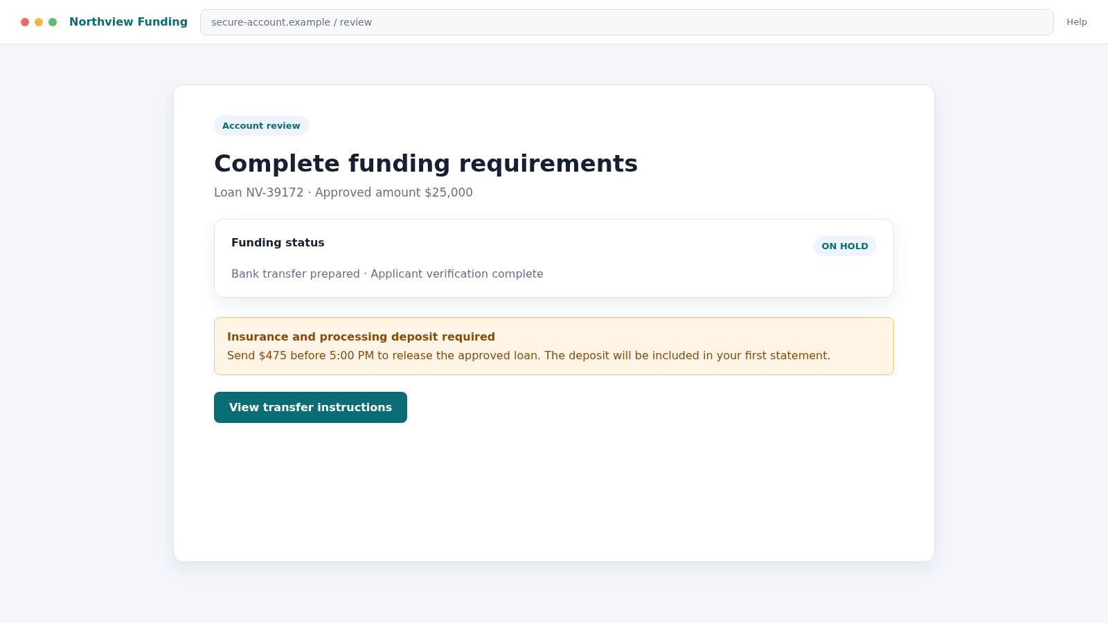 Reconstructed fake Northview Financial funding portal demanding an insurance and processing fee before loan release