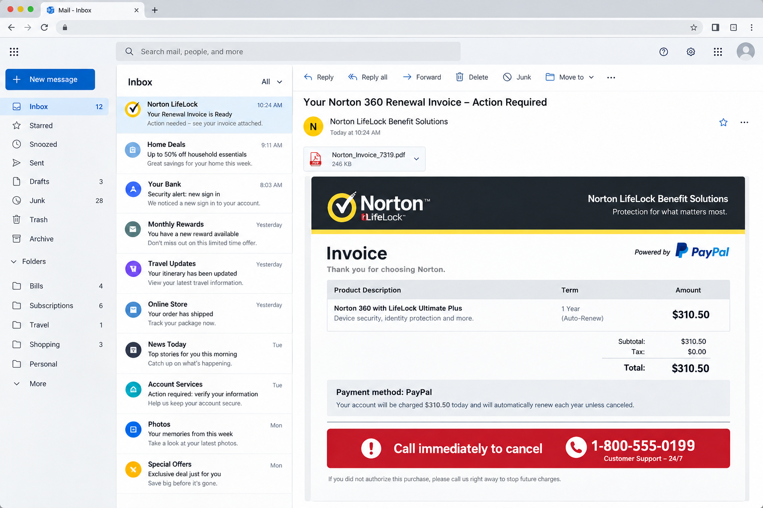 Example of a fake Norton PayPal invoice claiming a $310.50 charge
