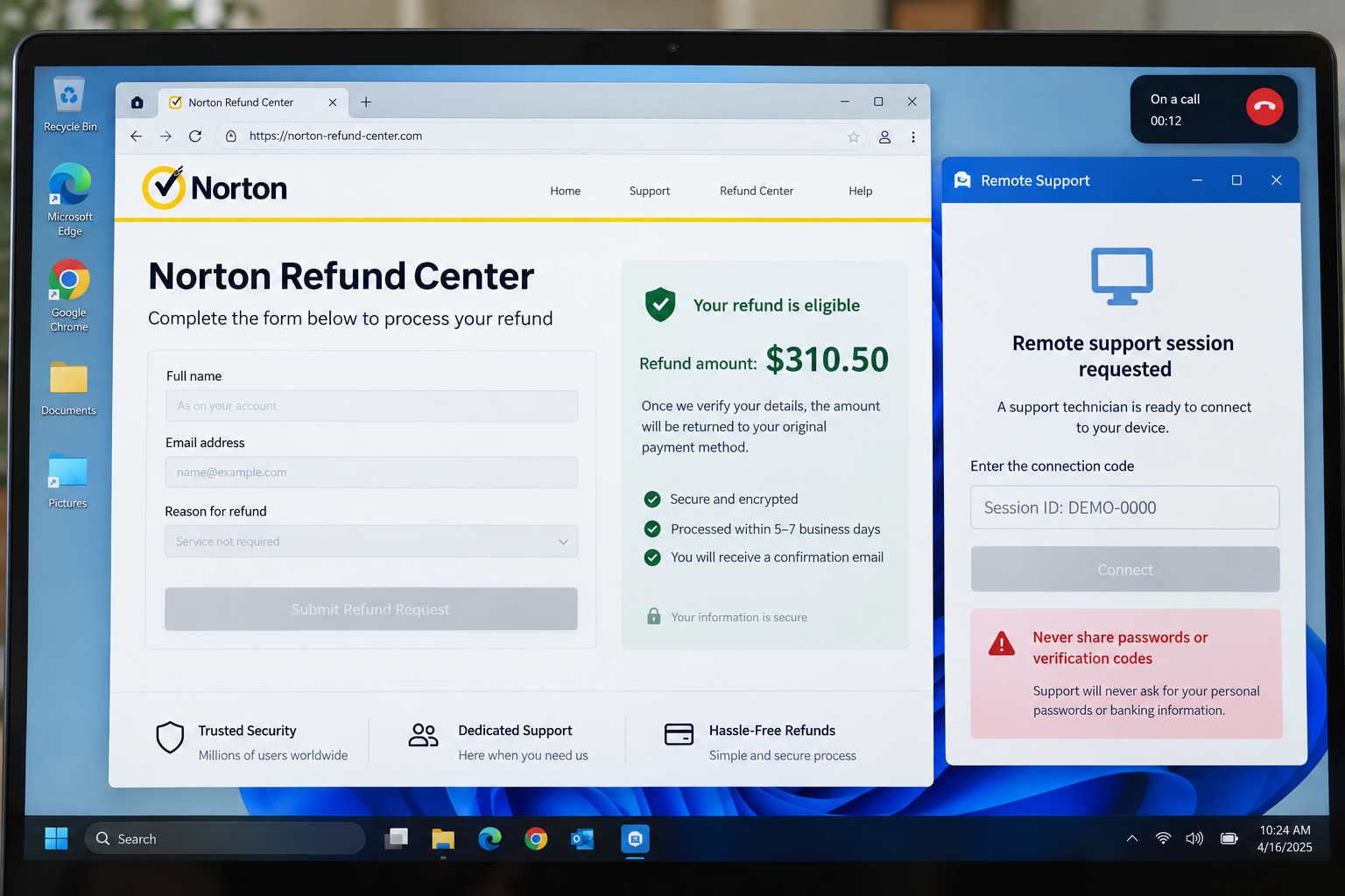 Illustration of a fake Norton refund portal requesting remote computer access