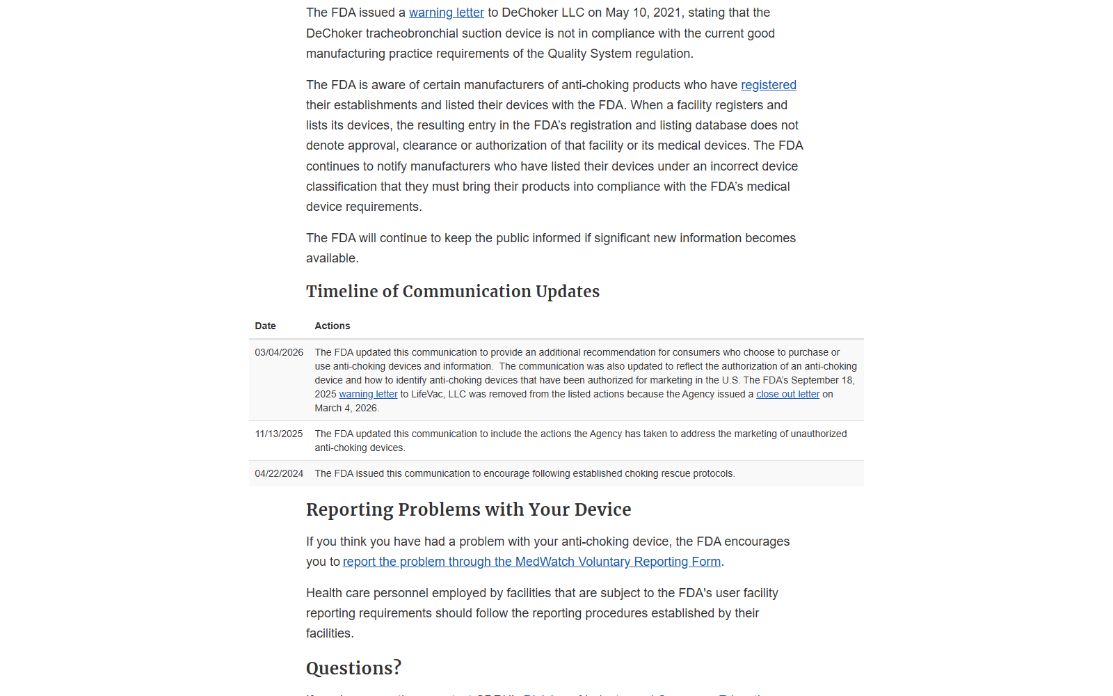 NovaCare Anti-Choking Device: Claims Investigated 2 FDA safety communication explaining authorization and established choking rescue protocols