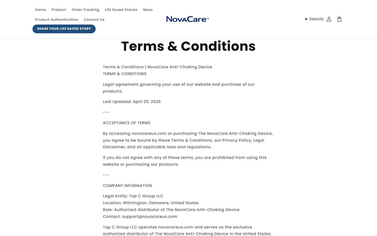 NovaCare Anti-Choking Device: Claims Investigated 3 NovaCare terms identifying Top C Group LLC as the website operator and distributor