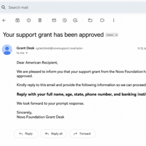 NoVo Foundation grant email scam recreated in a fictional webmail inbox