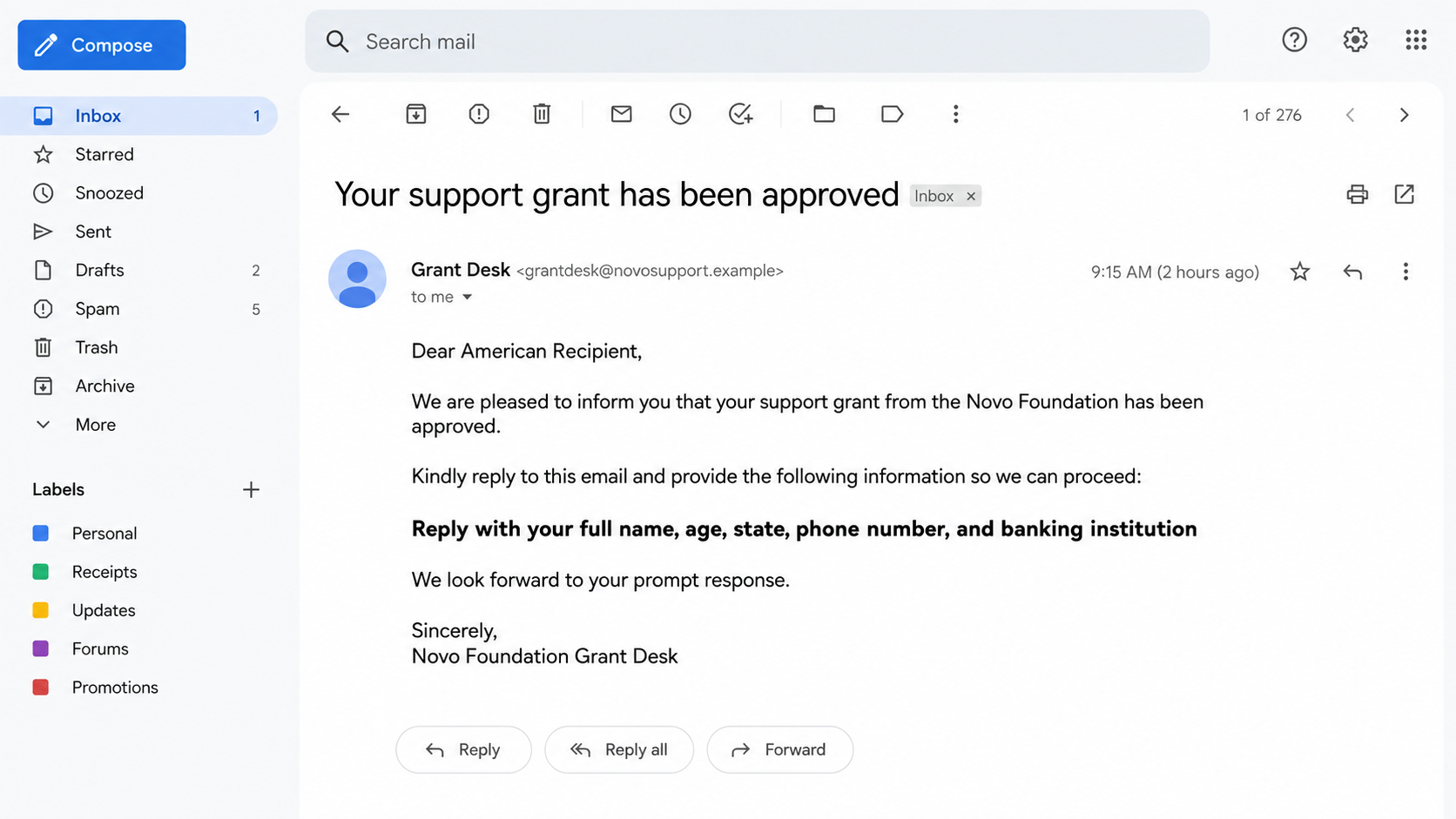 NoVo Foundation grant email scam recreated in a fictional webmail inbox
