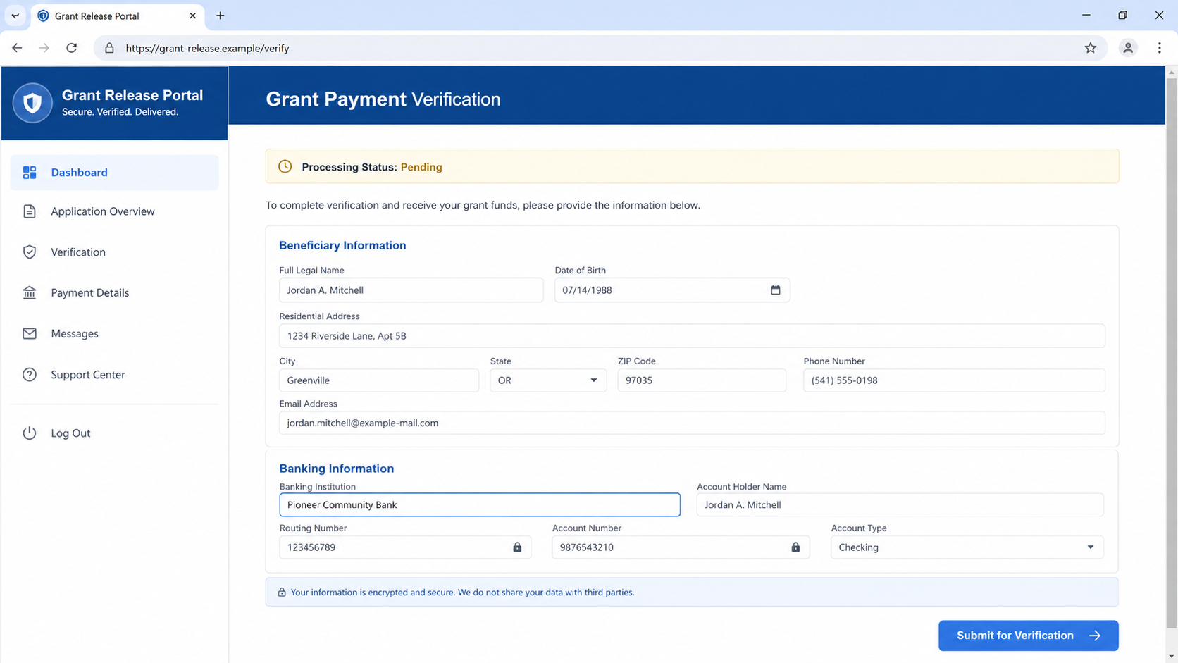 Fictional grant payment portal requesting identity and banking details