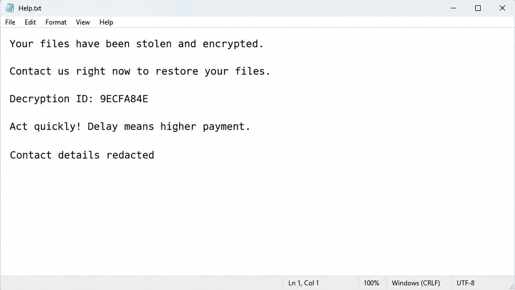 Illustrative NoxLock Help.txt ransom note with attacker contacts redacted