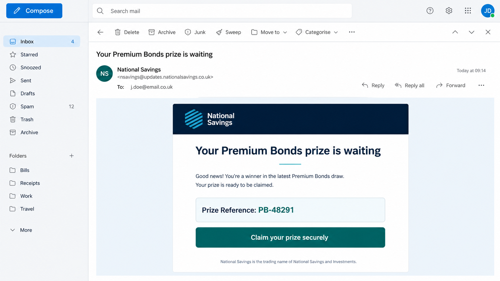 Realistic NS&I scam email claiming a Premium Bonds prize is waiting