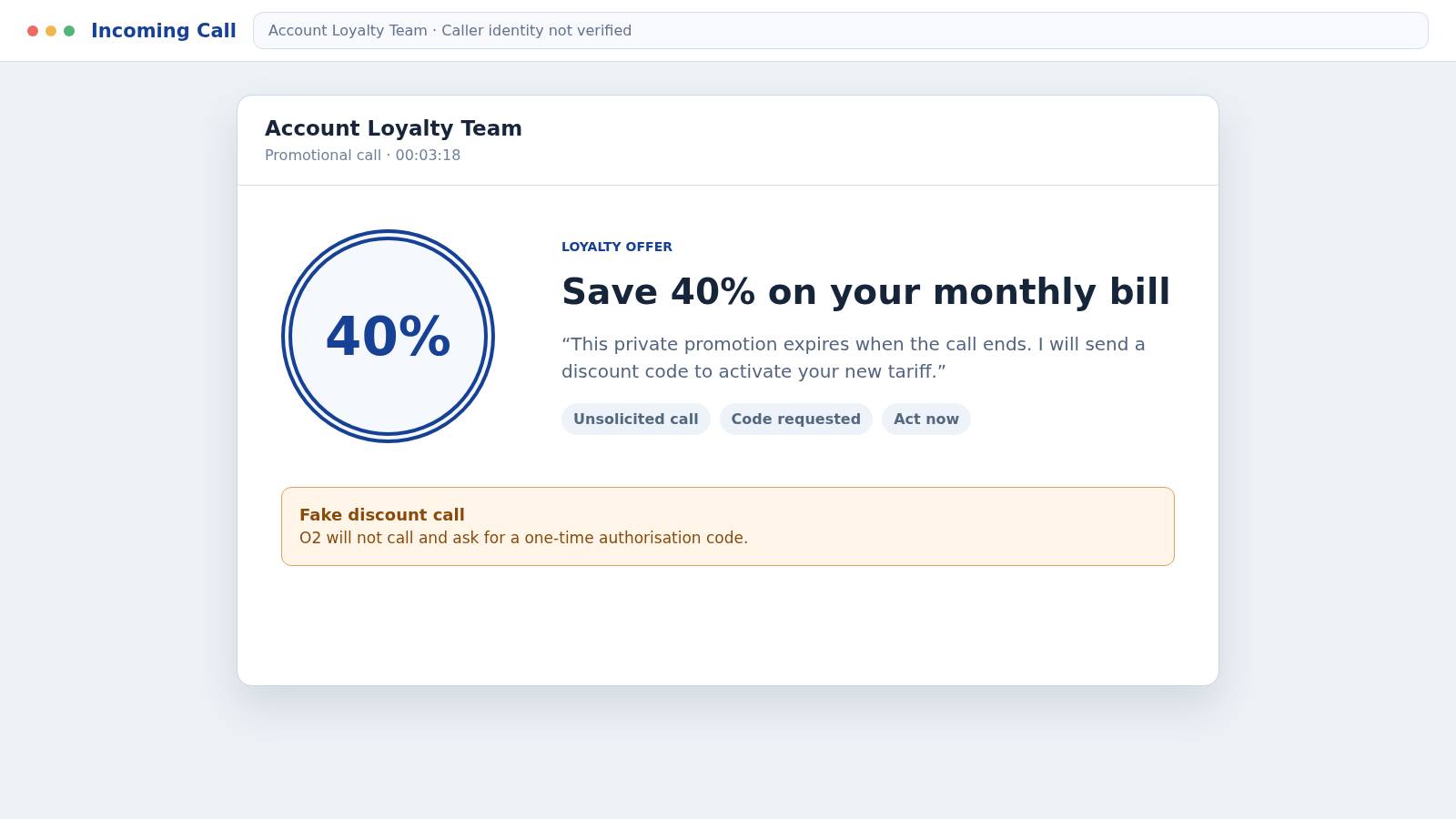 O2 Discount Call Scam: How Fake 40% Offers Can Hijack Your Mobile Account 1 Reconstructed O2 discount call scam screen offering 40% off a monthly bill