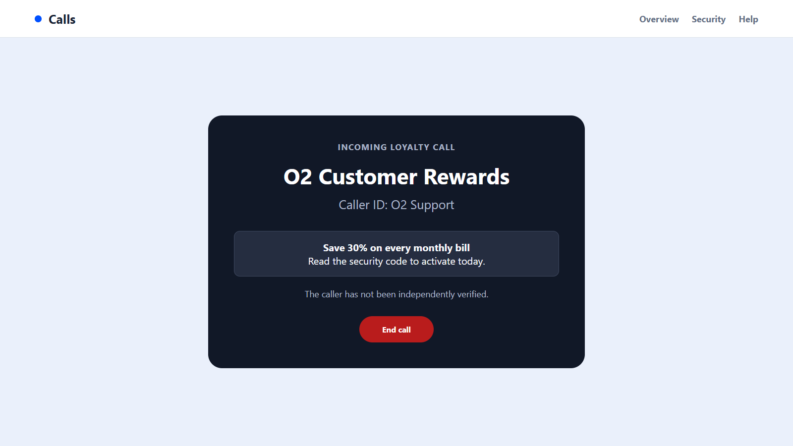O2 Scam Calls: How Fake 30% Discounts Steal Your Account and Bank Details 1 Reconstructed O2 scam call screen offering a fake 30% loyalty discount