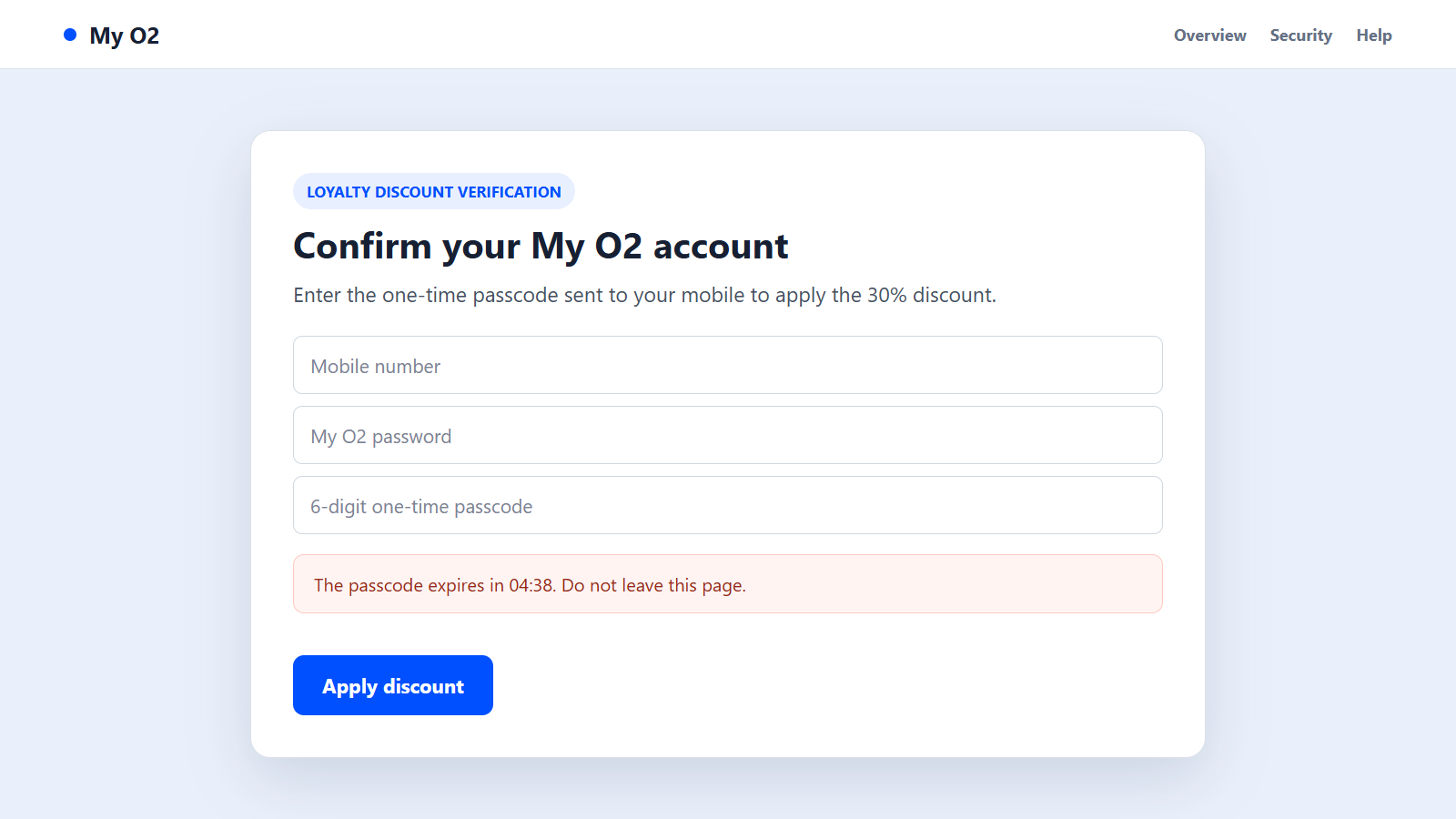 O2 Scam Calls: How Fake 30% Discounts Steal Your Account and Bank Details 2 Reconstructed fake My O2 verification page requesting a one-time passcode