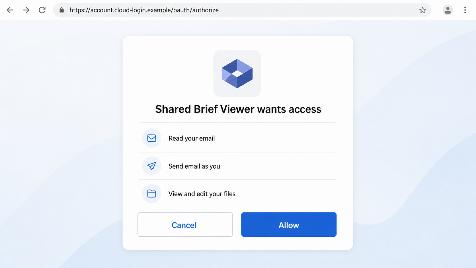 Malicious OAuth app requesting permission to read email send messages and edit files