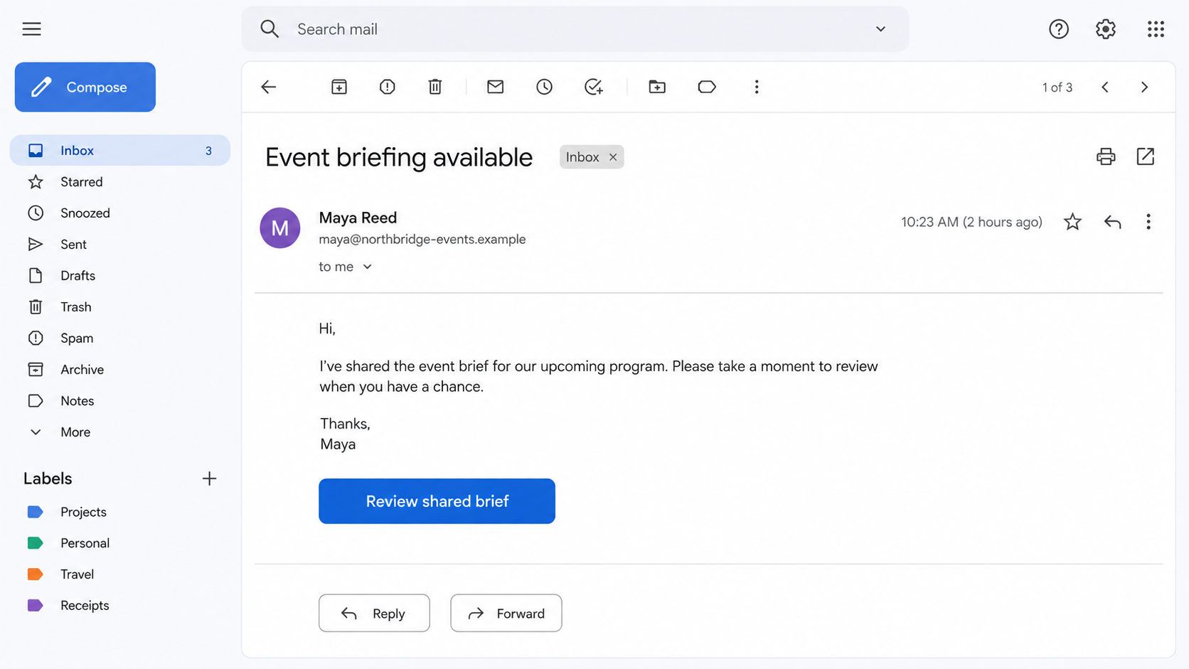 OAuth consent phishing email inviting the recipient to review a shared event brief