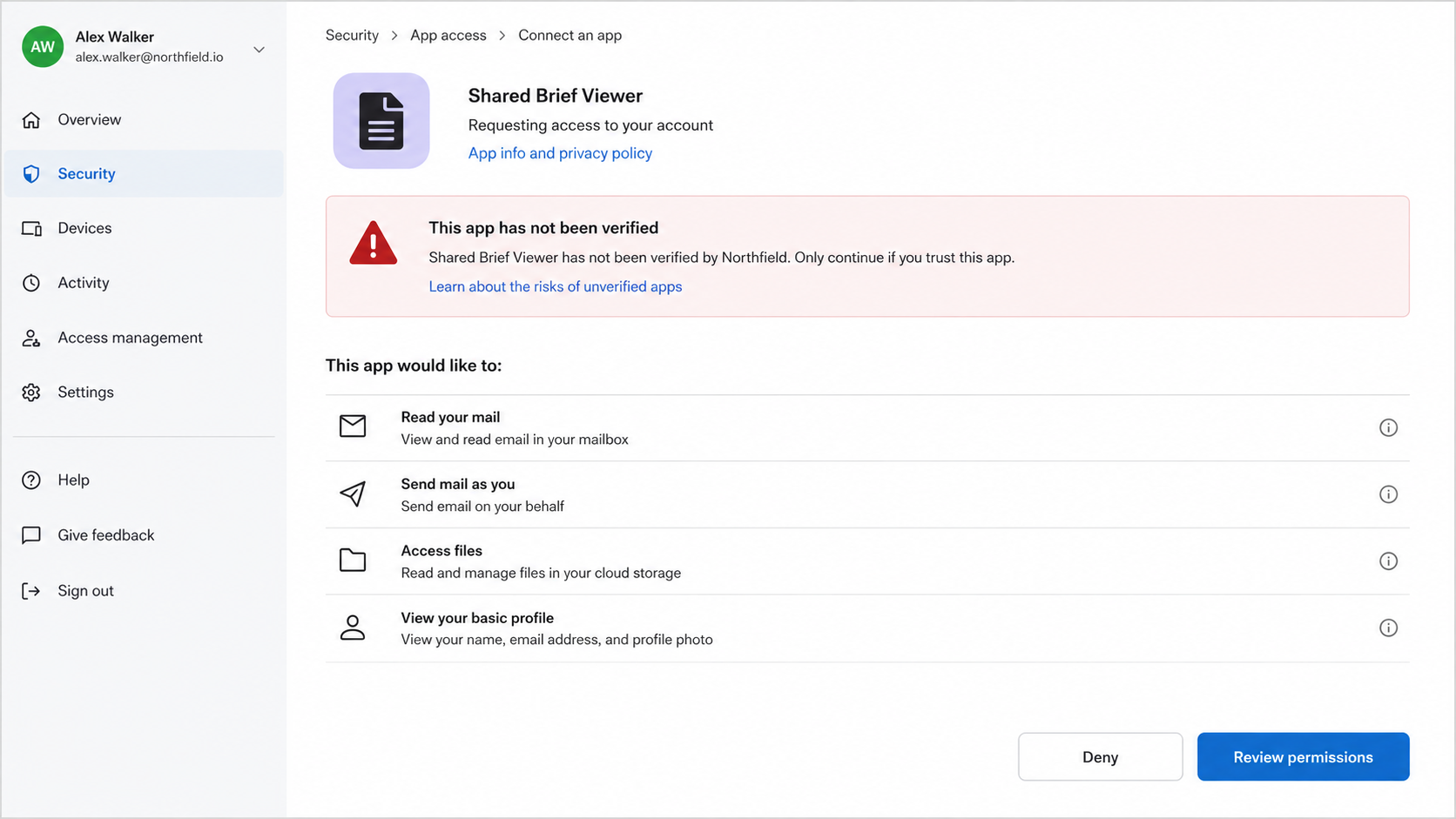 Fictional cloud security dashboard showing a suspicious OAuth app and the permissions it requests