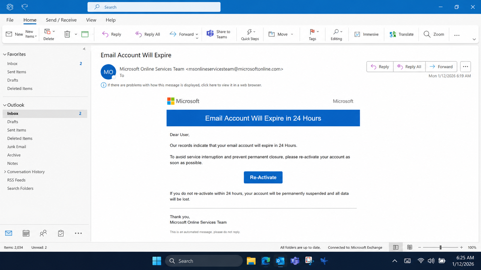 Office 365 account expiry email urging the recipient to reactivate access