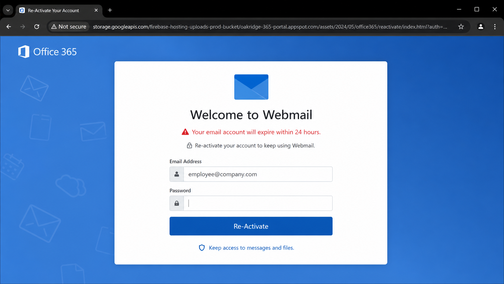 Fake Welcome to Webmail page hosted outside Microsoft and asking for a password