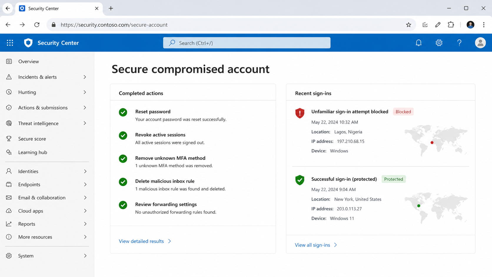 Enterprise security portal showing recovery actions for a compromised account