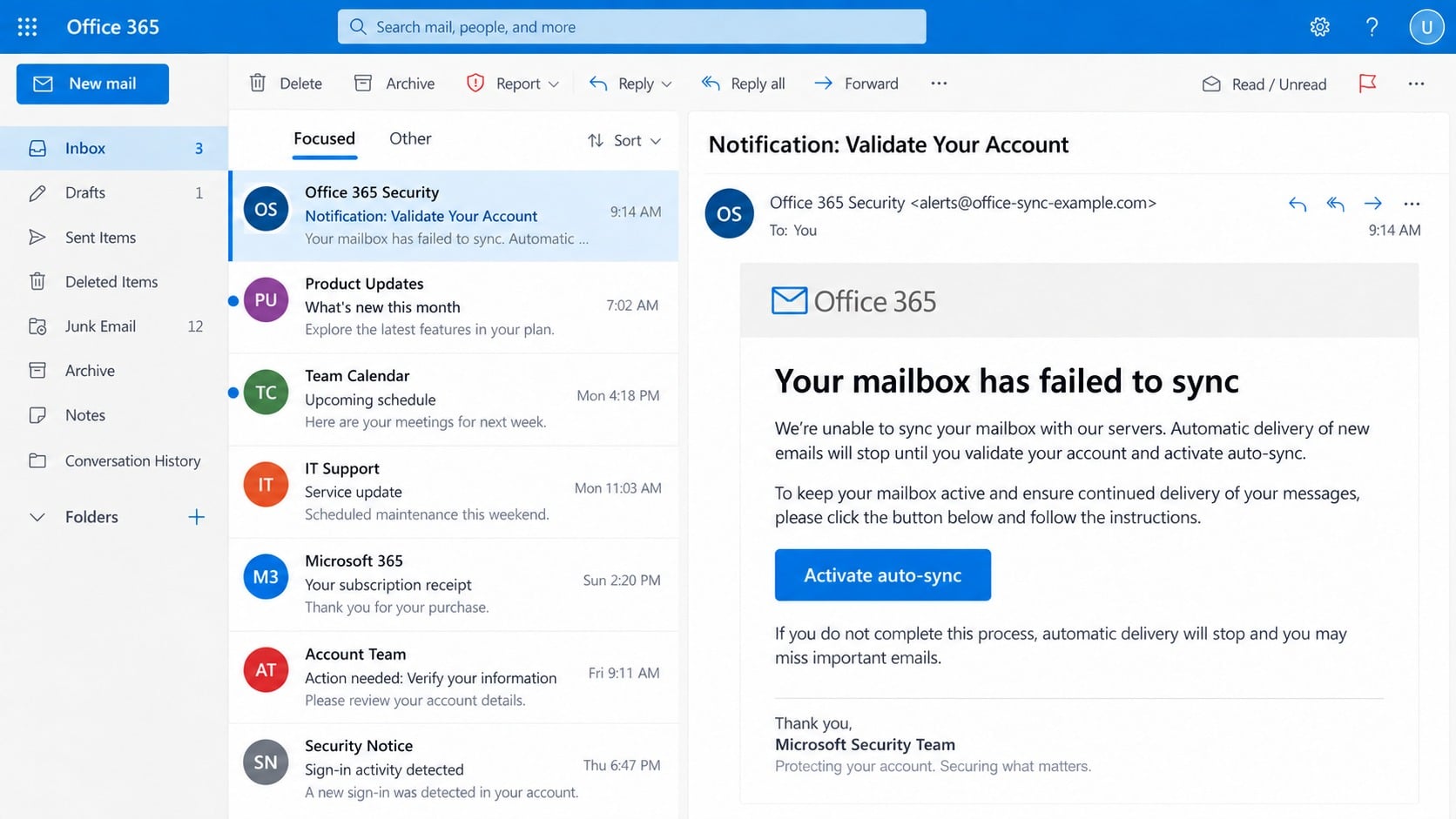 Fake Office 365 email claiming a mailbox has failed to synchronize