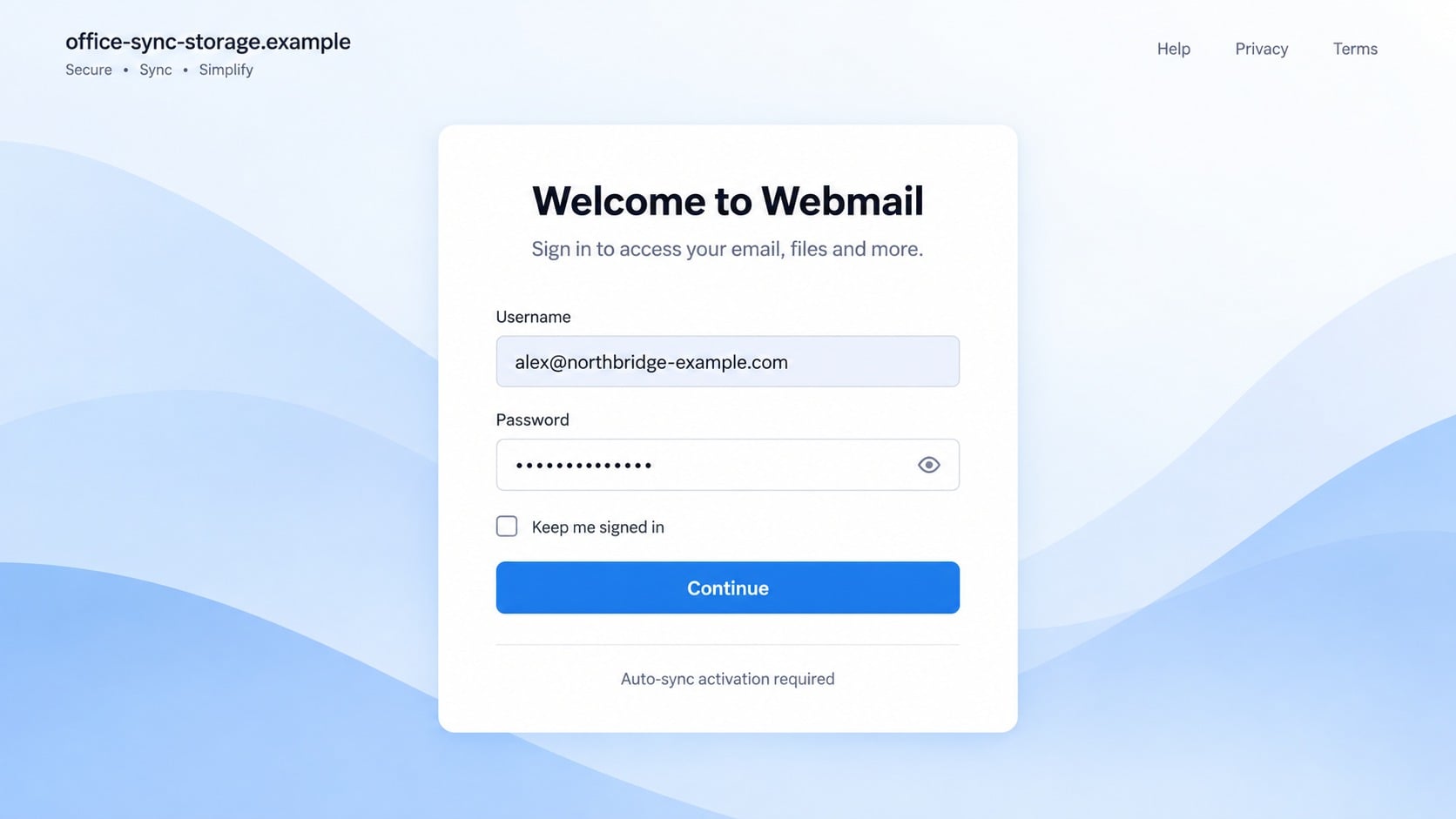 Generic fake webmail page requesting a password after an Office 365 sync warning