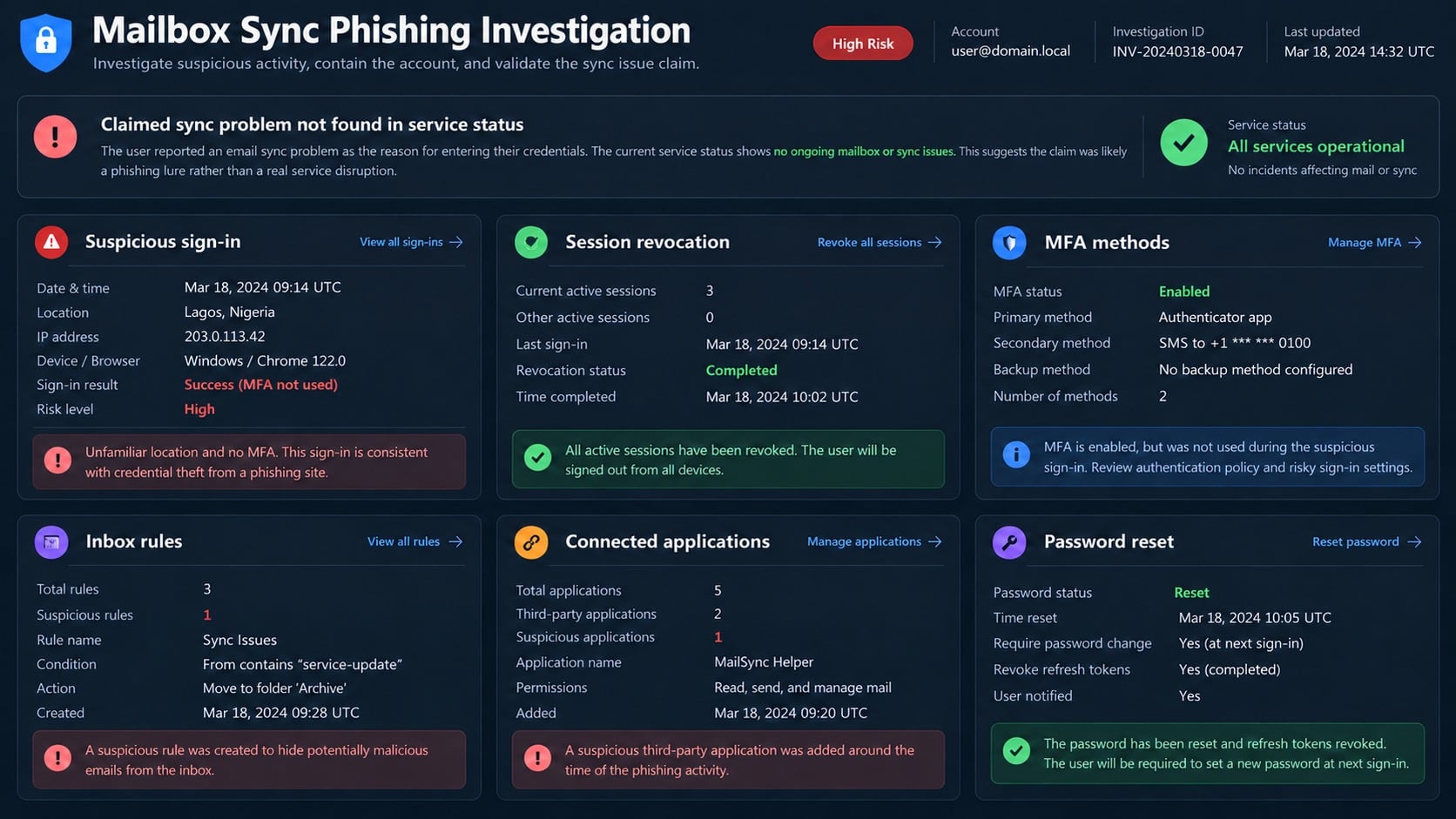 Microsoft 365 account security review showing sessions and mailbox protections