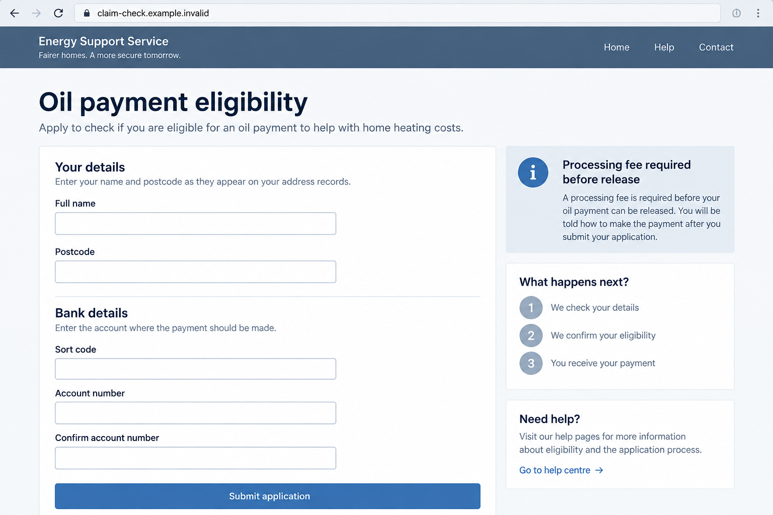 Northern Ireland Oil Payment Text Scam: Fake Voucher Claim Links Exposed 2 Illustrative fake oil-payment portal requesting bank details and a processing fee