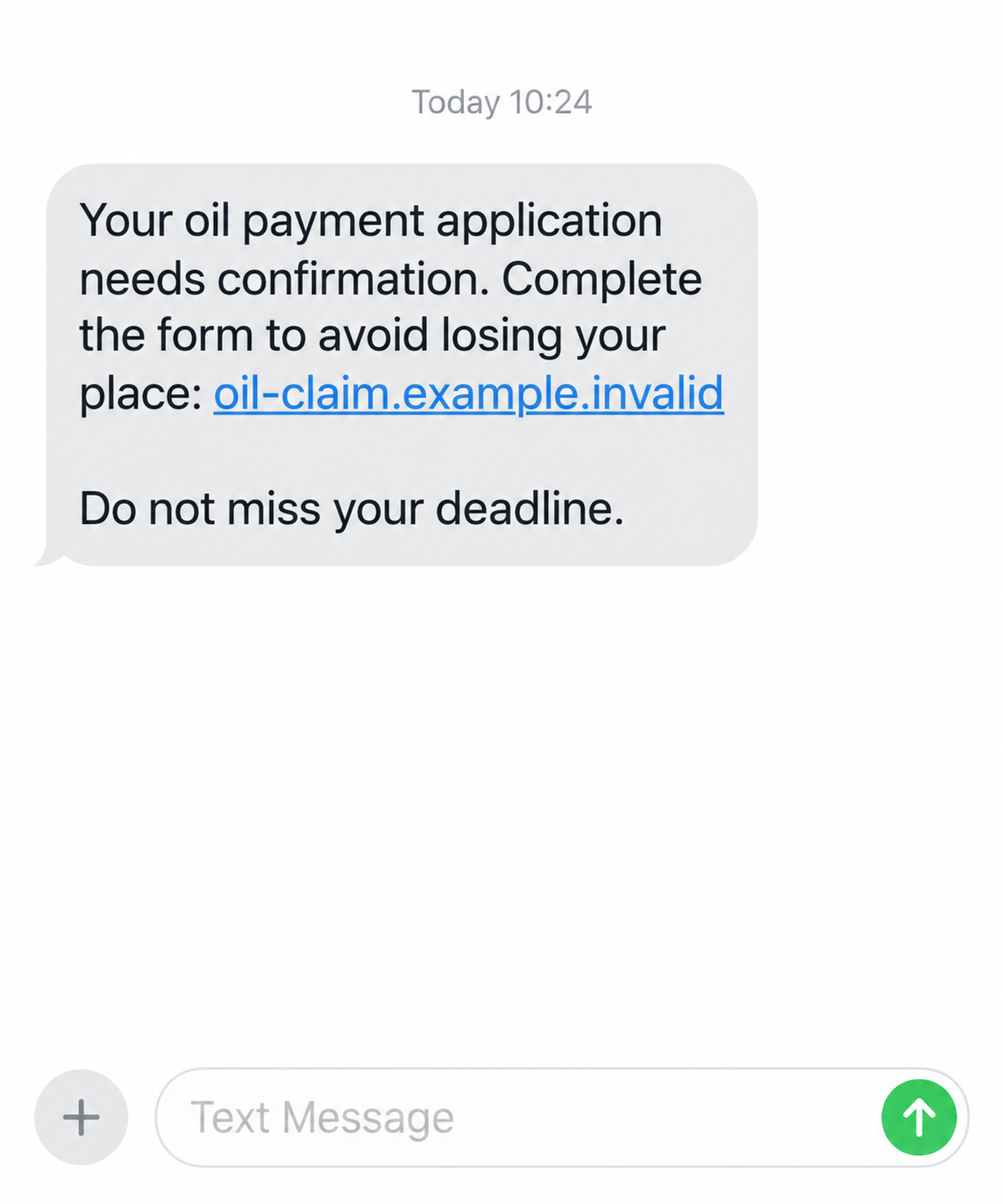 Northern Ireland Oil Payment Text Scam: Fake Voucher Claim Links Exposed 1 Illustrative fake oil-payment text urging a recipient to open a claim link