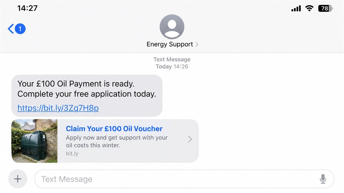 Reconstruction of a fake £100 oil voucher text containing a shortened phishing link