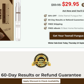 Okita Toenail Fungus Pen promotional offer showing a 50% discount and a 60-day refund guarantee