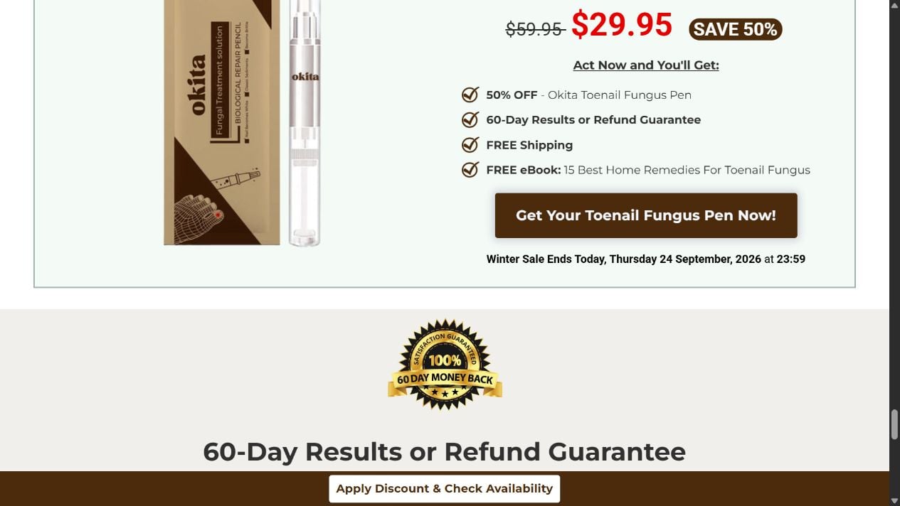 Okita Fungus Relief Pen Review: Medical Claims and Refund Risks Exposed 1 Okita Toenail Fungus Pen promotional offer showing a 50% discount and a 60-day refund guarantee