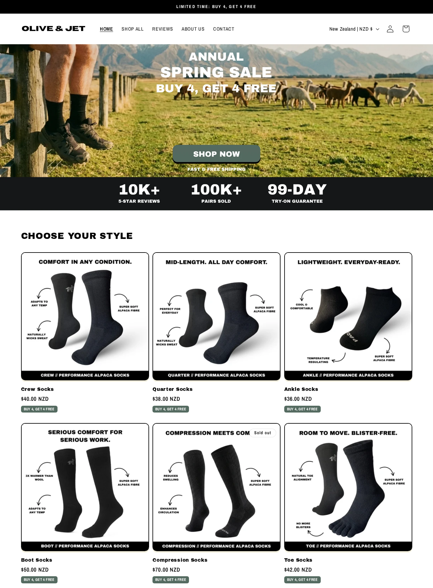 Olive and Jet website advertising alpaca socks, a buy four get four offer, review totals, and a 99-day guarantee