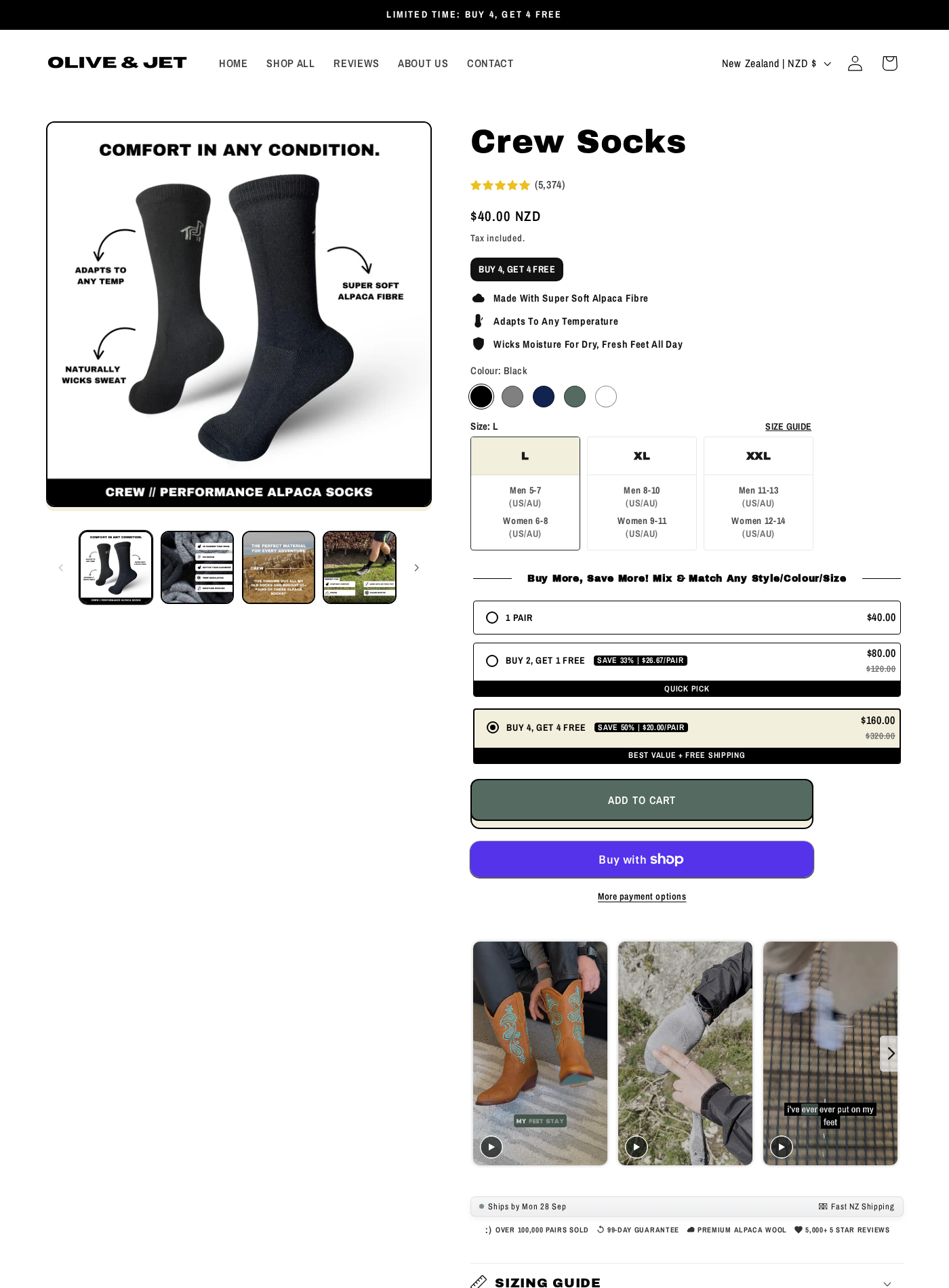 Olive and Jet crew socks product page showing bundle choices, alpaca claims, price, sizing, and customer review count