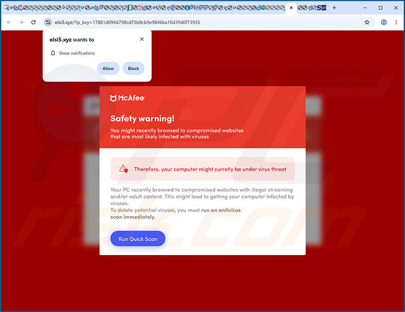 Olsi5.xyz page displaying a fake McAfee safety warning and notification prompt