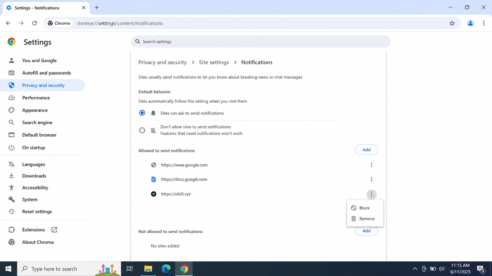 Chrome notification settings showing options to block or remove Olsi5.xyz