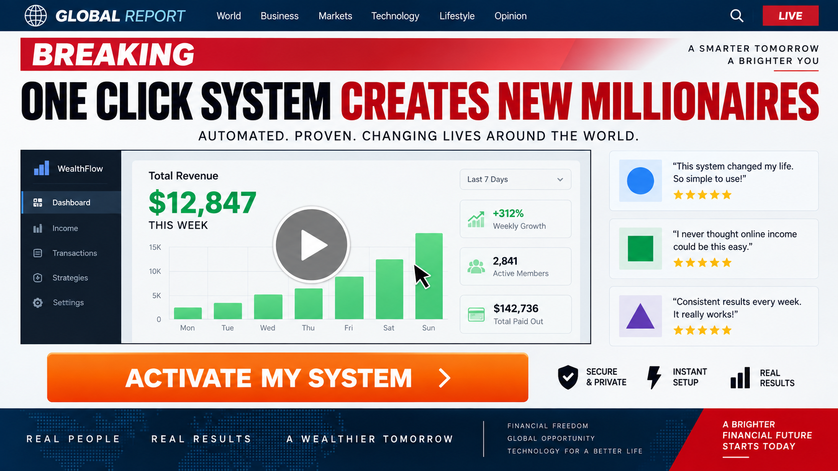 Example of a fake news advertisement promoting the One Click Income System