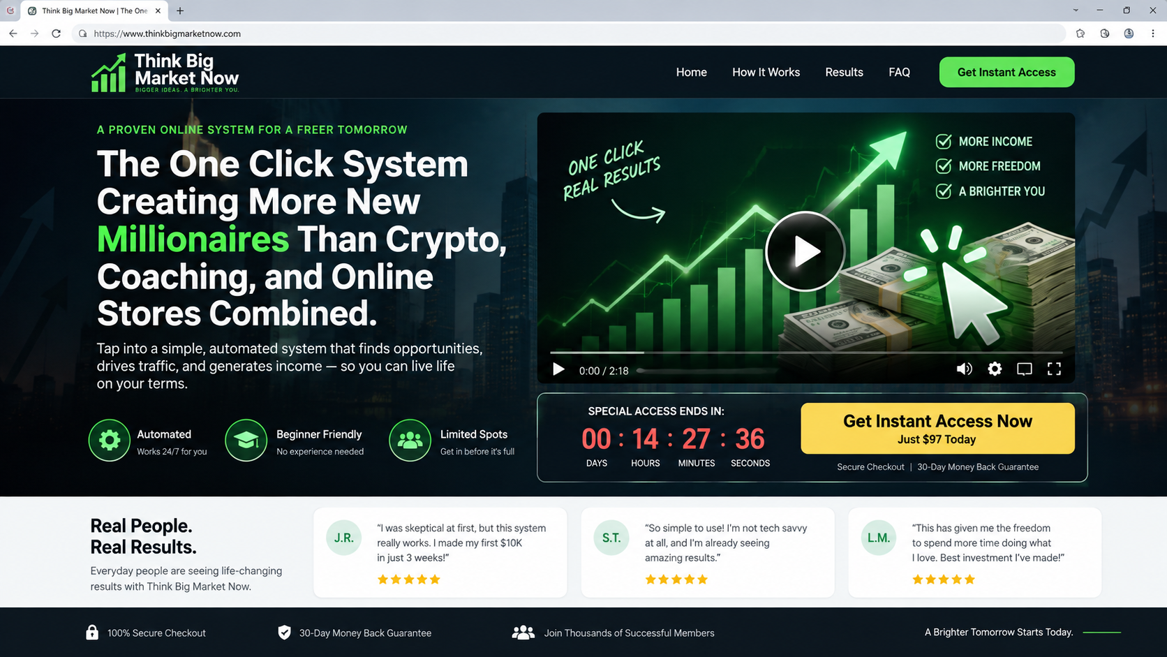 Deceptive One Click Income System sales page offering access for $97