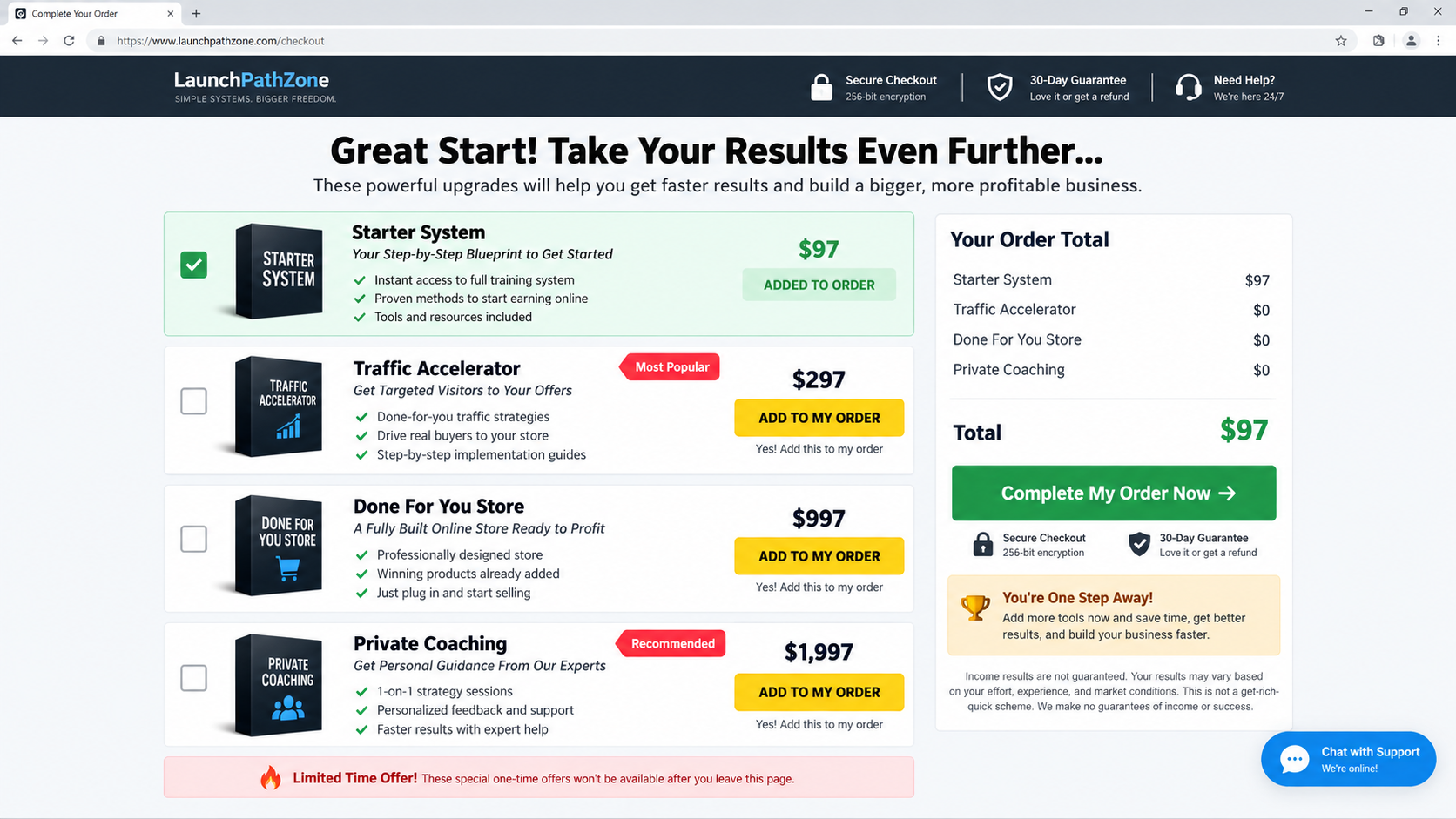 Aggressive online income upsell funnel offering products from $297 to $1997