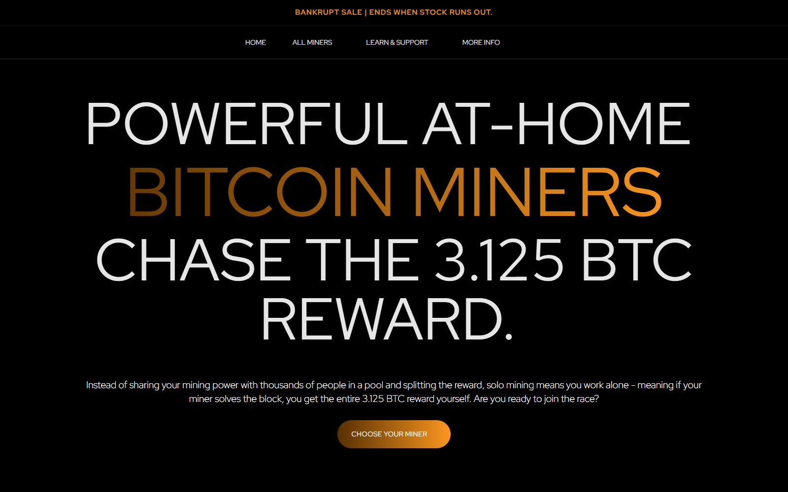 One Shot Miner website emphasizing a 3.125 BTC solo-mining reward