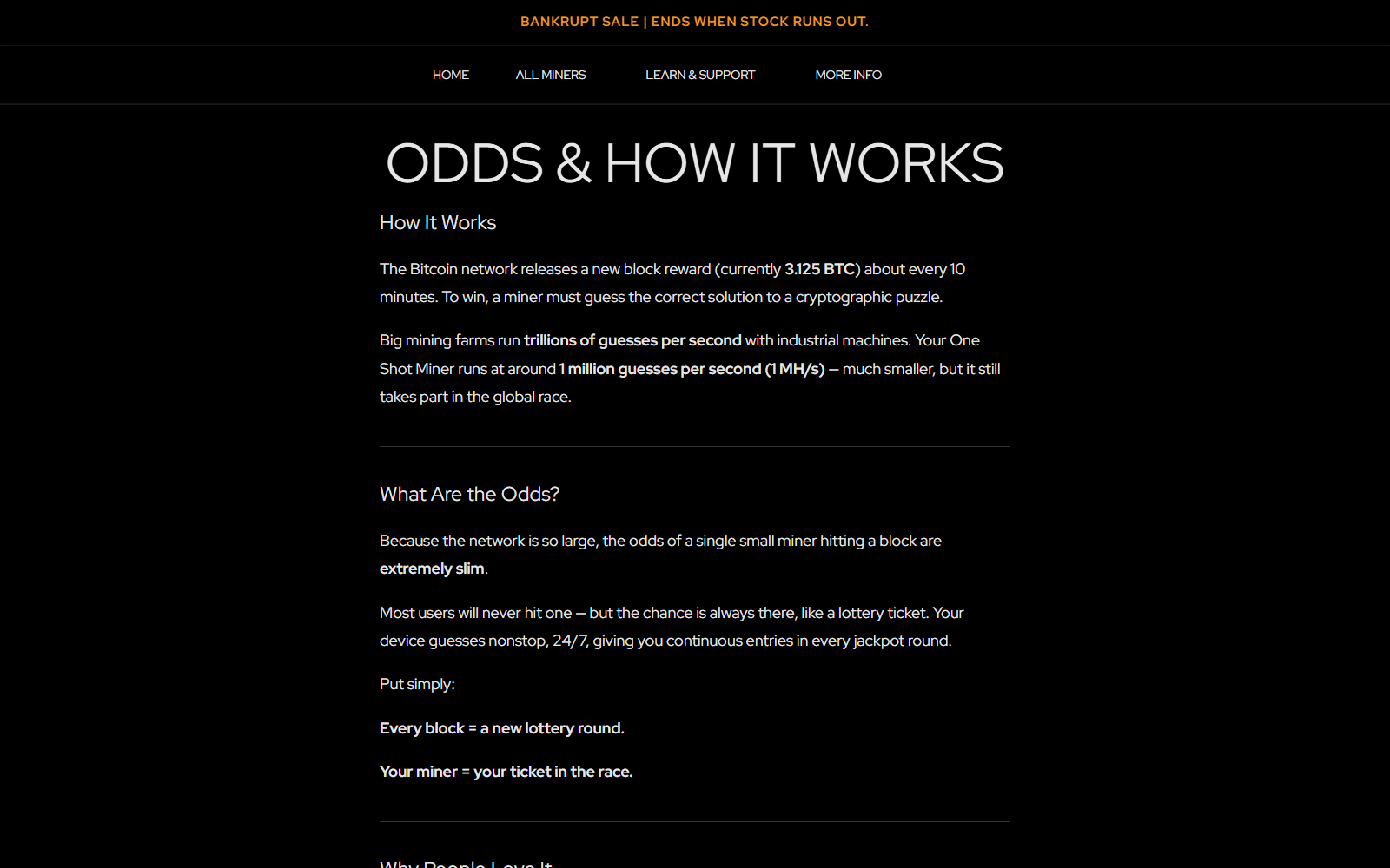 One Shot Miner odds page comparing the device to a lottery ticket and warning most users never win