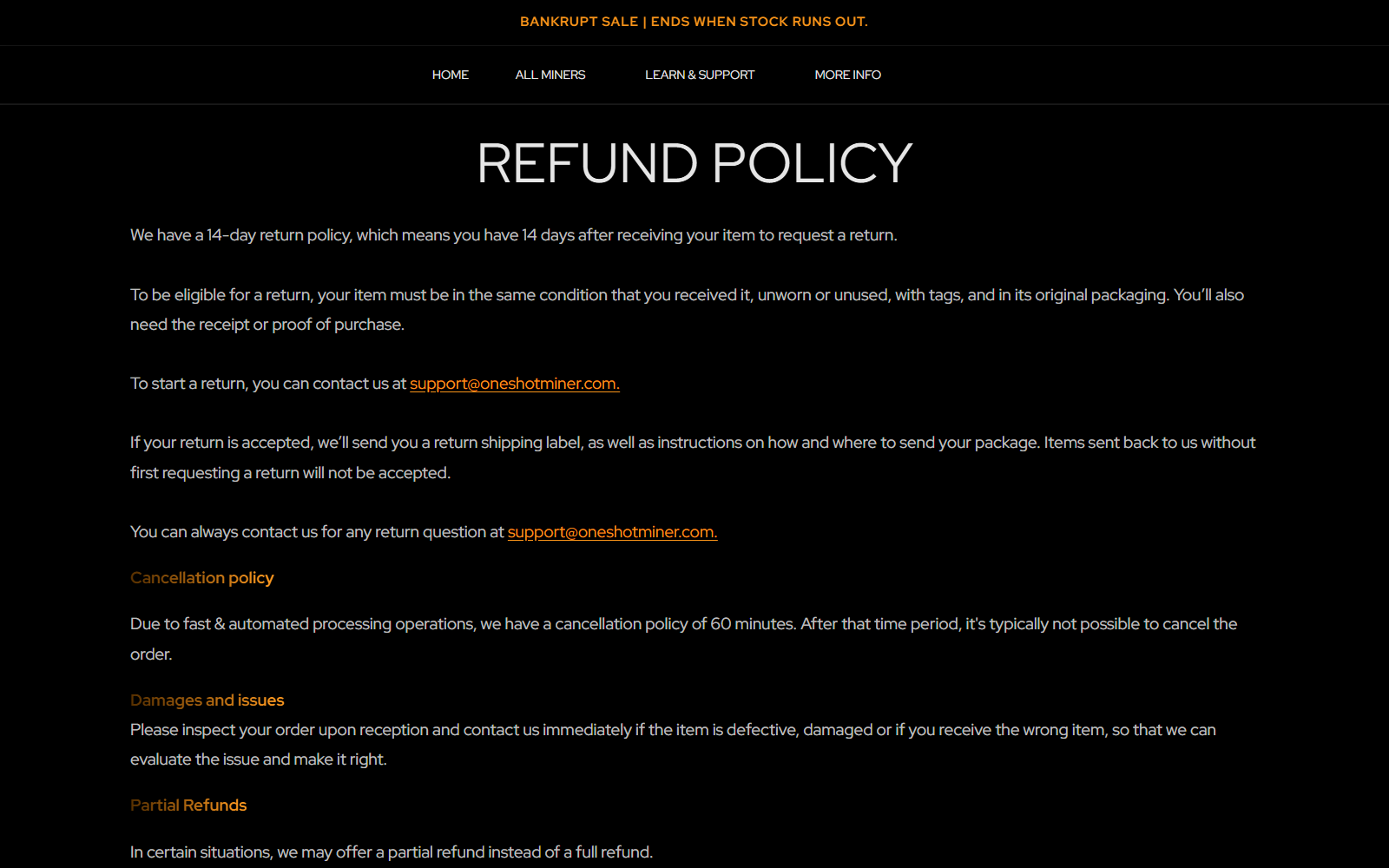 One Shot Miner refund policy showing a 14-day window and 60-minute cancellation rule