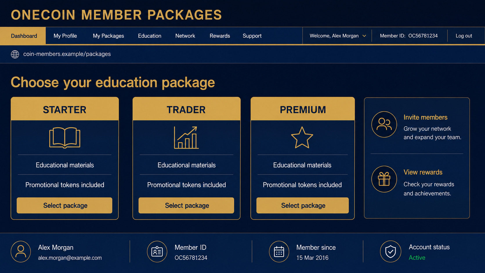 Illustrative historical-style reconstruction of OneCoin education packages and promotional token claims