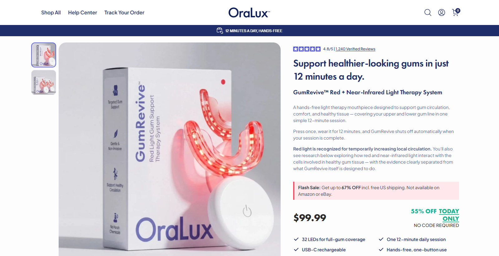 Oralux GumRevive product page showing the red and near-infrared light mouthpiece