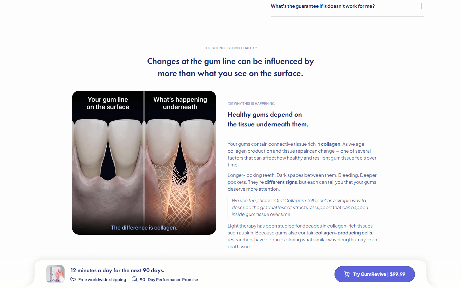 Oralux page explaining its Oral Collagen Collapse marketing concept