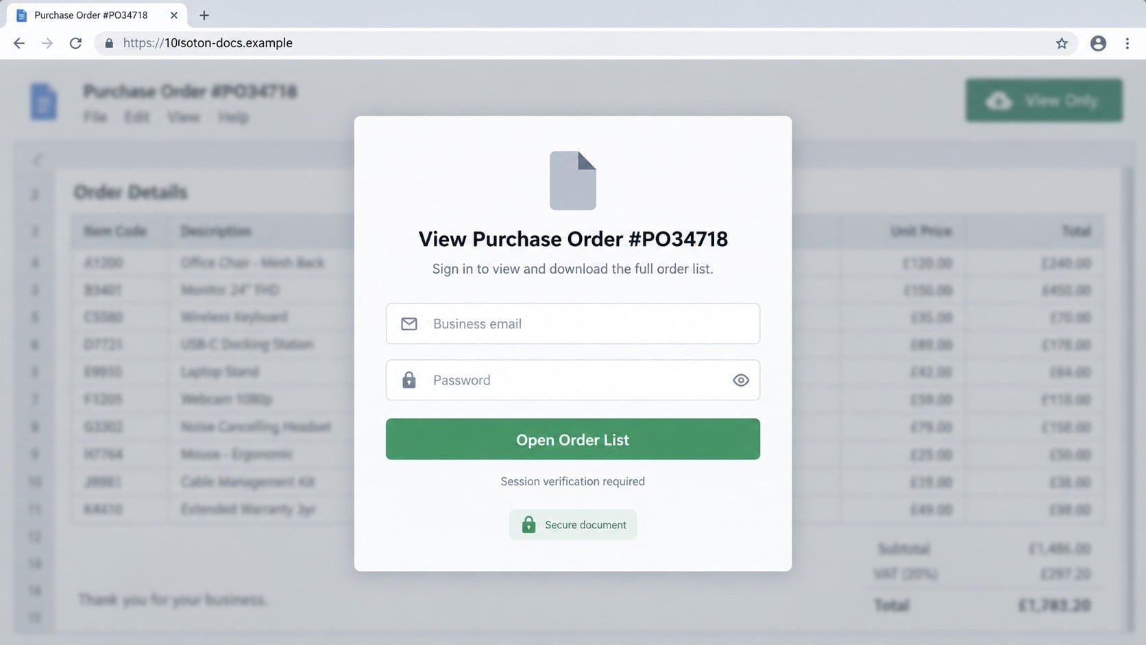 Fake purchase order login page requesting business email credentials